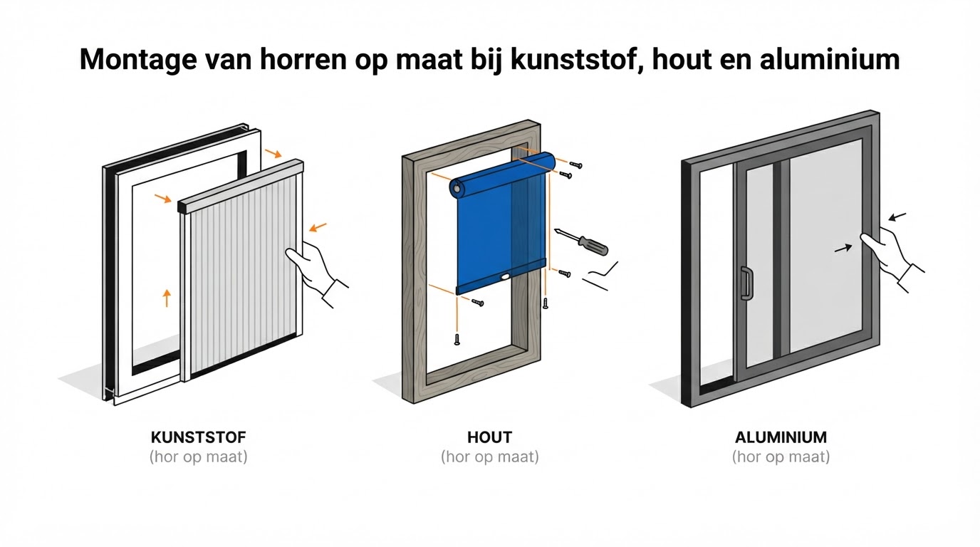 Montage van horren op maat bij kunststof, hout en aluminium